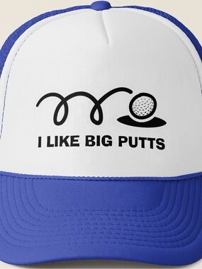 White & Royal Blue Trucker Hat with 'I Like Big Putts' Print